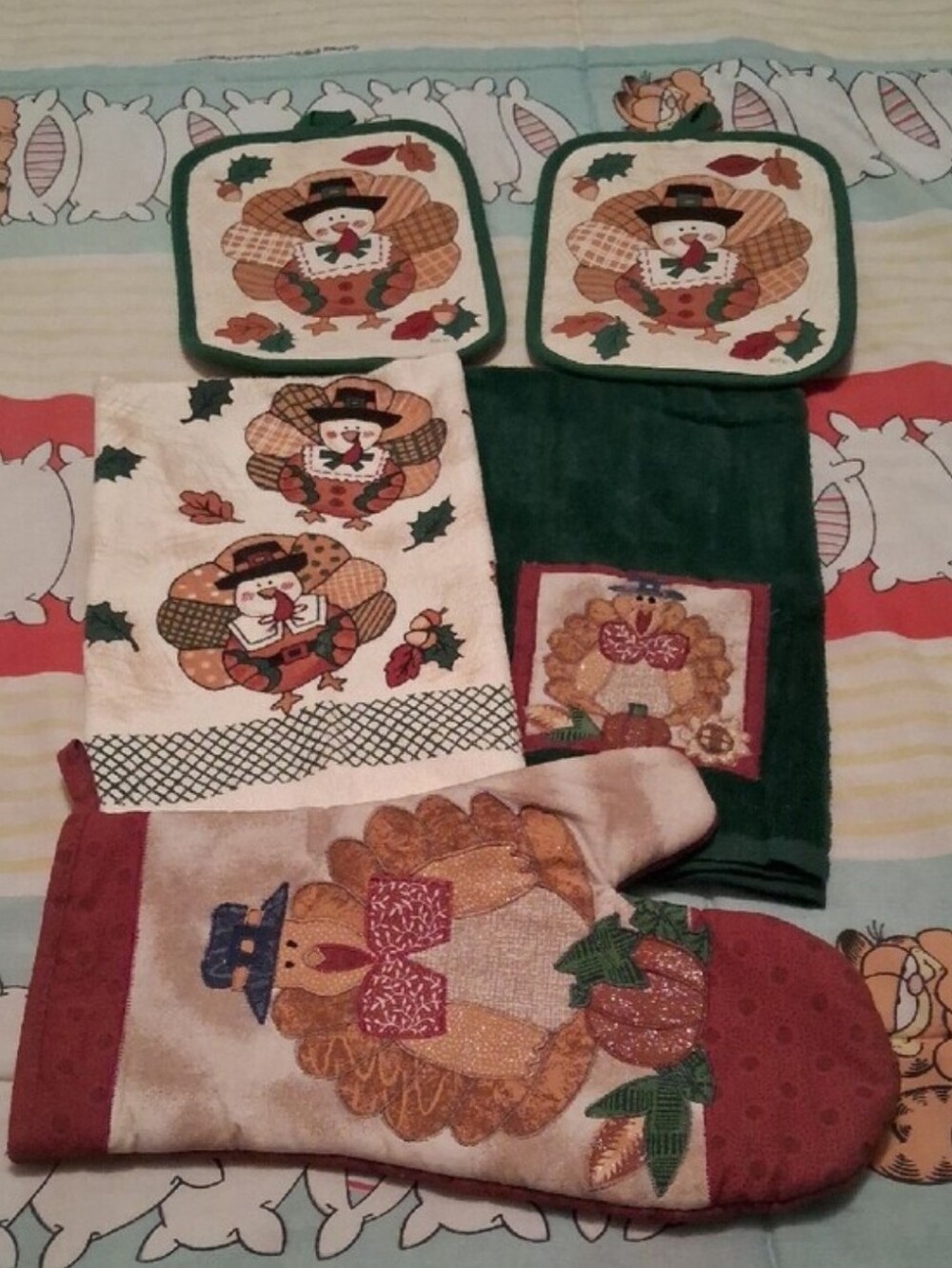 NWOT,Vintage 80's,Holiday Turkey Kitchen Linen Set - Green,Rust,Tan & Cream🍁🍂